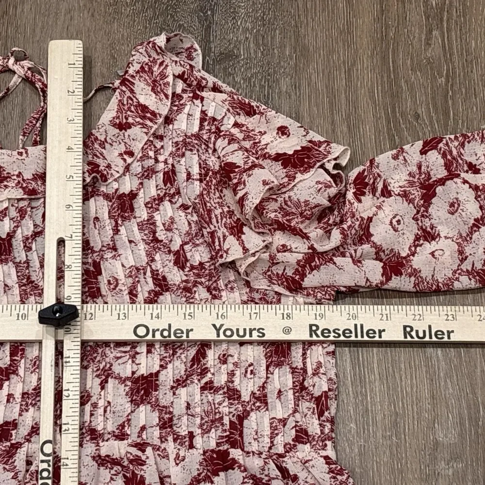 Free People Floral Mini Dress Small Red White Pleated Ruffle Hem Boho Festival